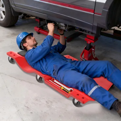 Produktbild von YZNAHRE Rollbrett Werkstatt Auto Montagerollbrett mit 360° Rollen, Kopfstütze und 2 Werkzeugablagen Werkstattliege Montageliege Kunststoff Rollliege Werkstattrollbrett bis 150 kg, 41 Zoll