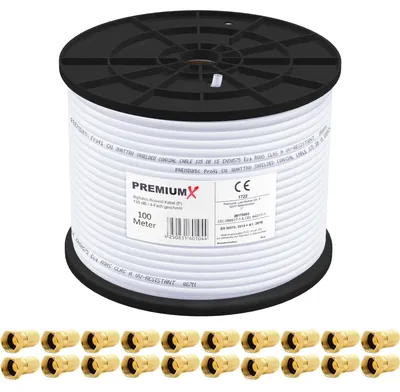 Produktbild von PremiumX 100m Koaxial Kabel 135dB 4-fach REINES Kupfer 20x F-Stecker