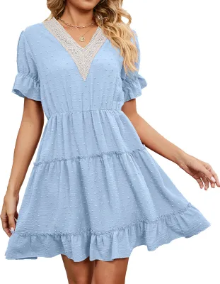 Image de ASKSA Femme Col V Robes d'été Dentelle Jacquard Manches courtes Robe Taille Loisir, Bleu Ciel, XXL