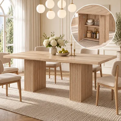 Image de Table extensible pour repas, dimensions 150/190 x 90 cm, pour 6 à 8 personnes, avec espace de rangement, finition chêne