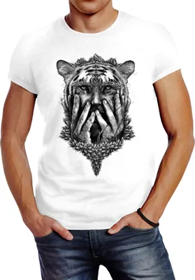 Produktbild von Herren T-Shirt Tiger Face Slim Fit Neverless® weiß L