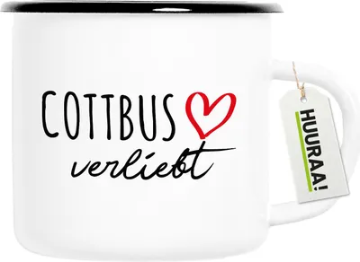 Produktbild von Huuraa Emaille Tasse Cottbus verliebt 300ml Vintage Campingbecher Geschenkidee