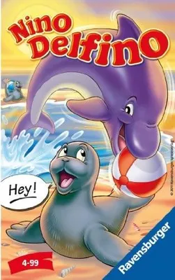 A cartoon illustration of a dolphin playing with a beach ball with a seal on a beach.
