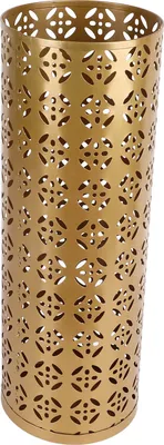 A tall, cylindrical gold umbrella stand with a decorative cut-out pattern.