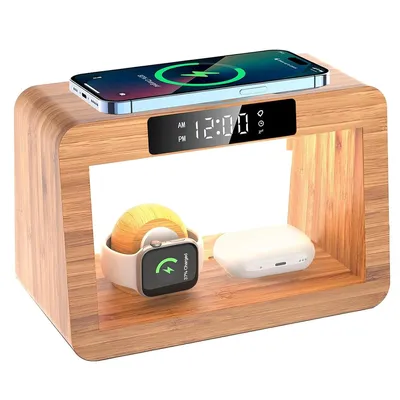 Produktbild von Bambus-kabellose Ladestation mit digitalem Wecker und Nachtlicht, Nachttisch-Ladestation für Apple-Geräte, schnelles Wireless-Ladegerät für iPhone