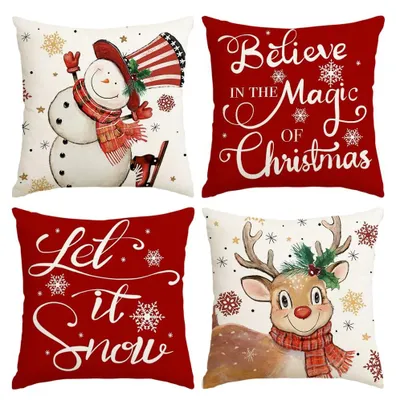 Kissenbezüge 45x45 cm, 4er-Set, Weihnachtsmotive, rot