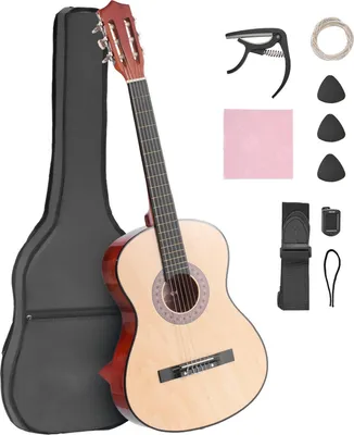 Produktbild von Konzertgitarre Klassikgitarre - Anfänger-Set - Gesamtlänge 96 cm - Linde-Korpus - Nylonsaiten - Mit Gigbag & Stimmgerät - Mit Kapodaster, Plektrum & Ersatzsaiten - Natur