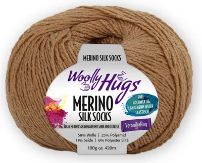 Zdjęcie produktu dla Woolly Hugs MERINO SILK SOCKS 100 g Luksusowa przędza skarpetkowa z wełny merynosowej i jedwabiu, 420 m, kolor 208 – camel
