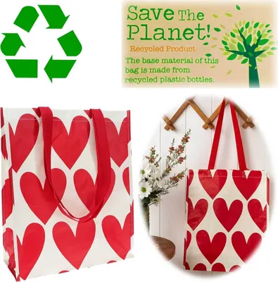 Produktbild von LS-LebenStil Shopper Einkaufstasche Herzen Rot Weiß 40cm ️ Recycelt Faltbar Strandtasche Tragetasche Schultertasche Einkaufsbeutel nachhaltig
