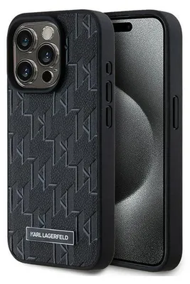 A black Karl Lagerfeld iPhone 15 Pro Max case with a monogram pattern and a metal logo.