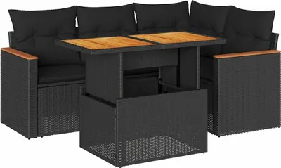 Productafbeelding van vidaXL 5-delige tuinmeubelset met kussens, zwart, polyrotan, acaciahout