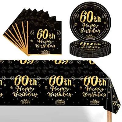 Zdjęcie produktu dla Zestaw zastawy stołowej czarno złoty na 60 urodziny 37 szt papier