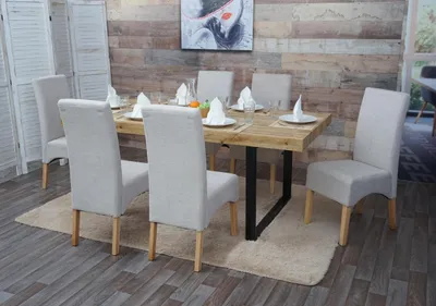 Produktbild von 6er-Set Esszimmerstuhl Crotone, Küchenstuhl Stuhl, Stoff/Textil MVG- creme beige, helle Beine
