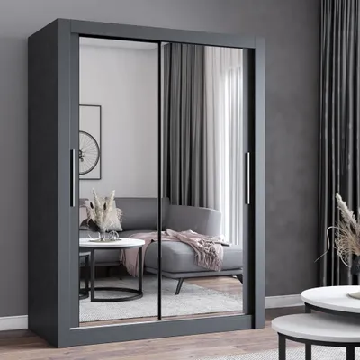 Produktbild von Schwebetürenschrank Kleiderschrank Schrank 150cm Grau/Grau mit zwei Spiegeln MILAN