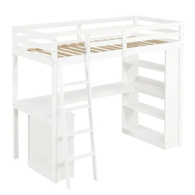 Produktbild von Flieks Kinderbett Hochbett 90x200cm mit Schreibtisch und Regal, Etagenbett mit Staufach und Filztuch, Stockbett Einzelbett mit Leiter, Weiß