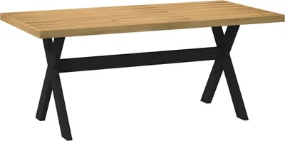 A product shot of a wooden dining table with black X-shaped legs against a white background.