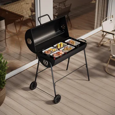 Produktbild von Livingandhome BBQ Holzkohlegrill mit Deckel, Thermometer und Rädern, 79x68x90cm, Zylindrisch, Schwarz