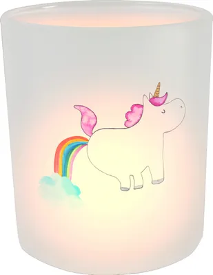 Produktbild von Mr. & Mrs. Panda Glas Teelichthalter Einhorn Pupsen - Transparent - Geschenk, Unicorn, Freundin, stimmungslicht, Regenbogen, Lustig, Kerzenhalter, Spaß, Windlicht aus