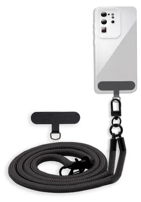 A phone case with a lanyard and an attachment for the phone.
