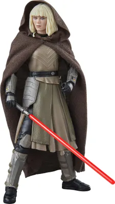 A Star Wars action figure of Shin Hati holding a red lightsaber, standing against a white background.