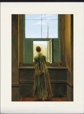 Obrázek produktu pro Caspar David Friedrich Zarámovaný obraz s elegantním paspartou | Obrazy na zeď | V rámu - Žena u okna, 1822 (80 x 60 cm)