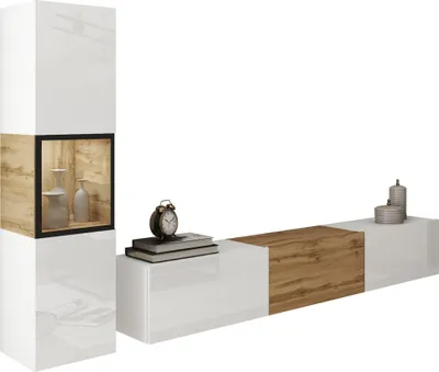 Produktbild von MIRJAN24 Wohnwand Berlin I, Stilvoll Wohnzimmer-Set, TV-Schrank, Modern Mediawand (Weiß / Weiß Hochglanz + Wotan Eiche, mit Beleuchtung)