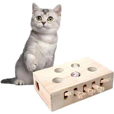 Produktbild von Interaktives Katzenspielzeug aus Holz – Whack-a-Mouse mit 5 Löchern & Plüschmäusen, fördert Jagdinstinkt & Aktivität​