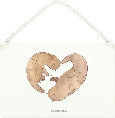 Produktbild von Mr. & Mrs. Panda Schild Otter Herz DIN A4 - Weiß - Geschenk, holzbild, Liebe, Holzschild, Seeotter, wandtafel, Türschild, Wandbild Holz