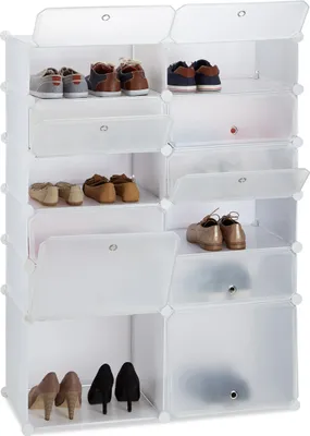 Produktbild von Relaxdays Schuhregal Kunststoff, DIY Regalsystem 12 Fächer, XXL Steckregal, mit Türen, H x B x T: 125 x 94 x 37 cm, weiß