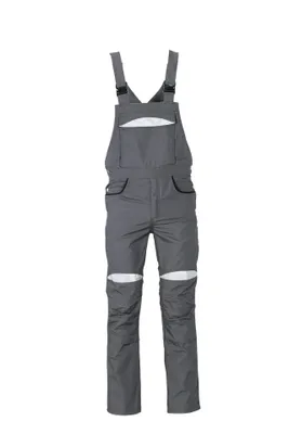 A pair of gray work overalls with black trim and white reflective accents on the knees and chest pocket.
