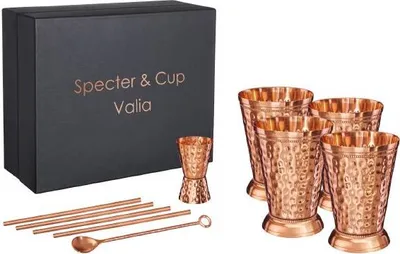 Produktbild von Kupferbecher Valia 4er Set 350ml mit Zubehör, 100% reines Kupfer, Cocktailbecher, Barset