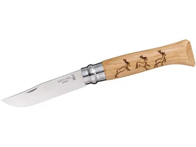 Image de Couteau Opinel, taille 8, Animalia, motif cerf,, Acier Sandvik 12C27, inoxydable, manche en bois de chêne