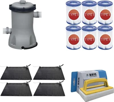 Produktbild von WAYS - Poolpflege - 4x Solarmat & Filterpumpe 2006 L/h & 6 Filter Typ II & WAYS Scheuerbürste