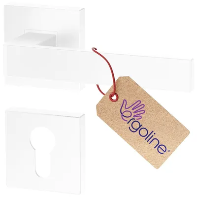 A white door handle set with a keyhole escutcheon and a product tag.