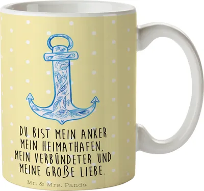 Produktbild von Mr. & Mrs. Panda Keramiktasse Anker Blau - Gelb Pastell - Geschenk, kaffeebecher bedruckt, Teebecher, Becher, Teetasse, Kaffeetasse, Tasse, Tiermotive