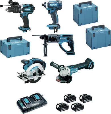 Image de Pack de 5 machines MAKITA 18V - Perfo-burineur + Visseuse + Perceuse à percussion + Meuleuse + Scie circulaire - MAKITA - avec 4 batteries 18V 5Ah + chargeur rapide + 3 MAKPAC - DLX5039PTJ
