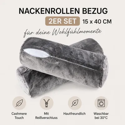 Produktbild von Nackenrollen Bezug 2er Set 15x40 cm – Nackenmassagekissen Bezug, Nackenmassagerolle, Kissenbezug für Nackenrolle, Cashmere Touch, mit Reißverschluss, waschbar, , weich für Büro Flugzeug Reise, Designe:GRAU, KI-generiertes Bild