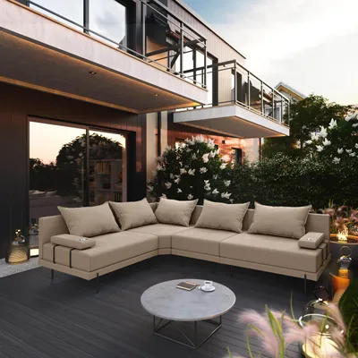 Produktbild von TRADA Gartensofa lounge set L form Bahama M Beige Gartenmöbel set Wasserabweisend Stoff Links