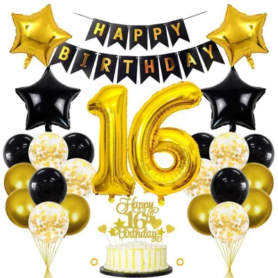 Produktbild von Geburtstagsdeko Set 16 Jahre Schwarz Gold 32 Teile Luftballons & Banner