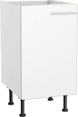 A white kitchen cabinet base unit with a silver handle, shown standing on four black adjustable legs.