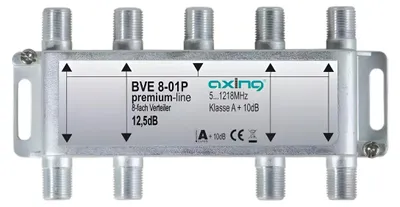 Produktbild von Axing BVE 8-01P, Kabelsplitter, 5 - 1218 MHz, Metallisch, Männlich, A+, 10 Stück(e)