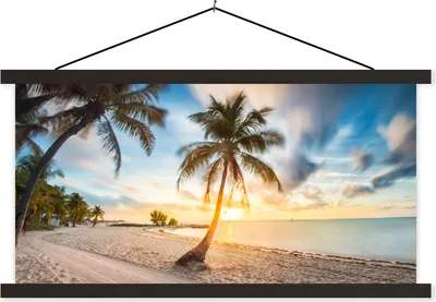 Produktbild von MuchoWow® Textilposter Sonnenuntergang - Strand - Palme 90x45 cm mit schwarzem Rahmen - Klemmleisten