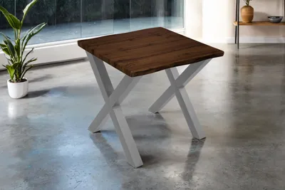 Produktbild von Esstisch 80x80 cm Baumkante Holz Nussbaum-Optik X-Gestell Metall silber JOSY