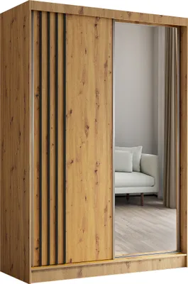 Produktbild von Masseno Schiebetürenschrank NELVIA 150 cm Kleiderschrank Schlafzimmer Schrank 2-türig mit Spiegel und Lamellen Eiche Artisan