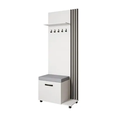 Produktbild von Garderobenschrank LIVIA Rechts Weiß – Garderobe mit Kleiderhaken, Schuhschrank, schwarze Lamellen, grauem Sitzkissen, Hochschrank, Flurmöbel