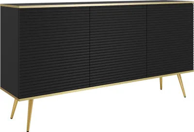 Obrázek produktu pro Komoda Banff K160 z MDF - Černá - Zlaté nohy - Drážkovaná čela - Šířka 160 cm, výška 85 cm, hloubka 39 cm