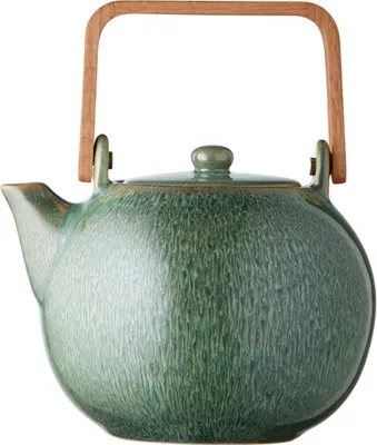 A green ceramic teapot with a wooden handle against a white background.