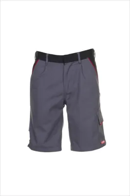 A pair of gray cargo shorts with black and red accents, presented on a white background.