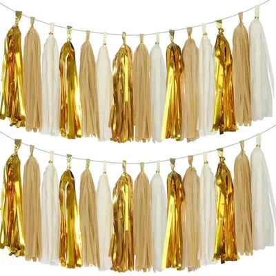 Image de 30 guirlandes de pompons dorés pour décoration de mariage, de fête ou d'anniversaire, couleurs champagne et ivoire