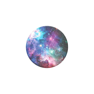 A circular PopSocket featuring a blue nebula galaxy design.